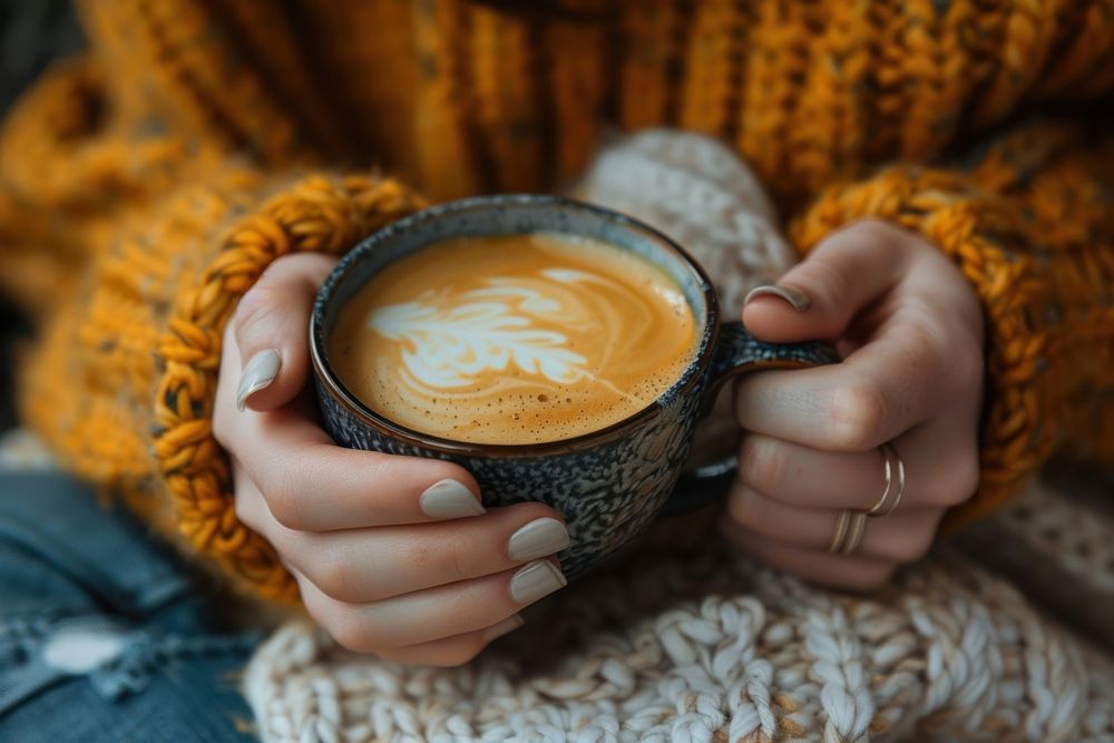 Holding coffee sweater drink hand.