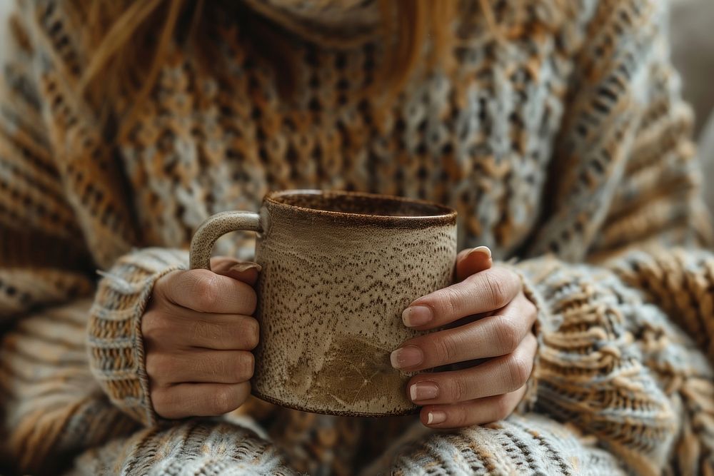 Holding in hands coffee mug sweater drink cup.