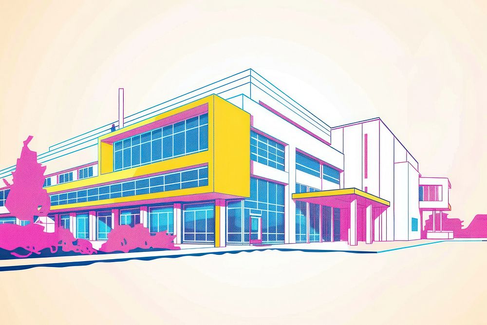 CMYK Screen printing hospital architecture illustrated building.