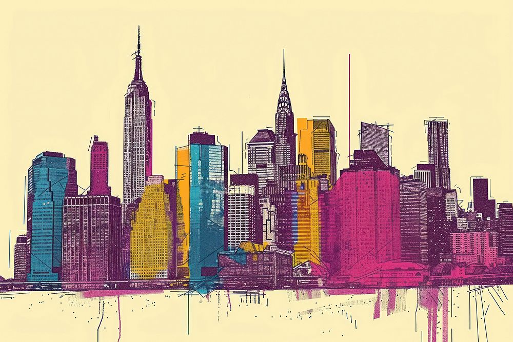 CMYK Screen printing new york city architecture illustrated metropolis.