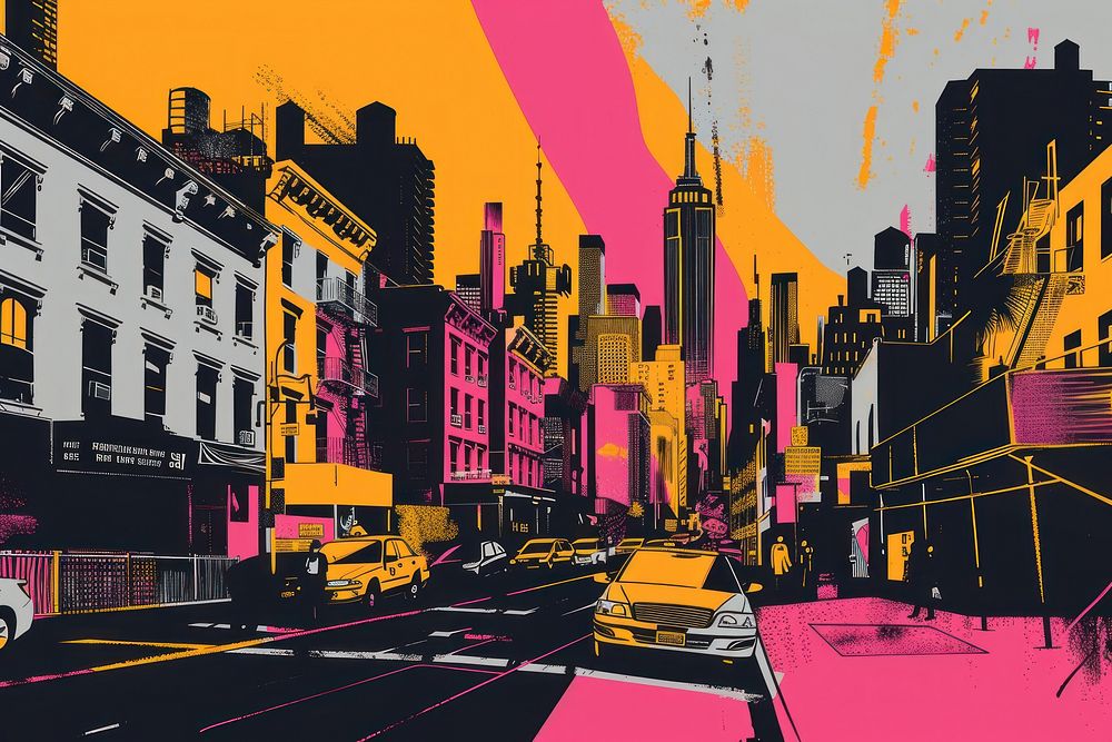 CMYK Screen printing new york city transportation neighborhood architecture.