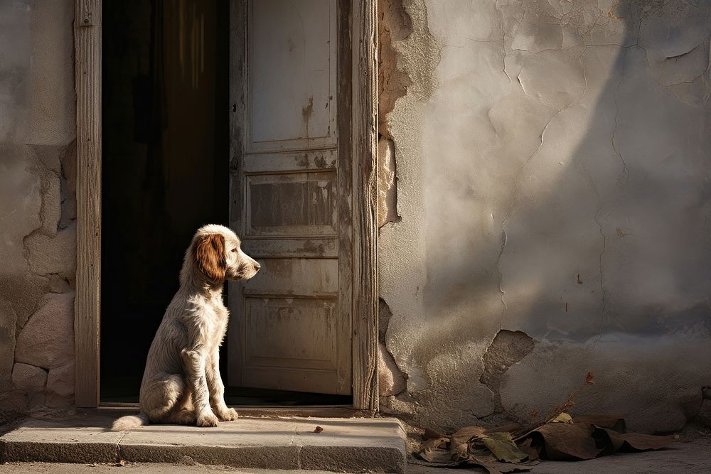 Dog sitting waiting at a door animal mammal pet.
