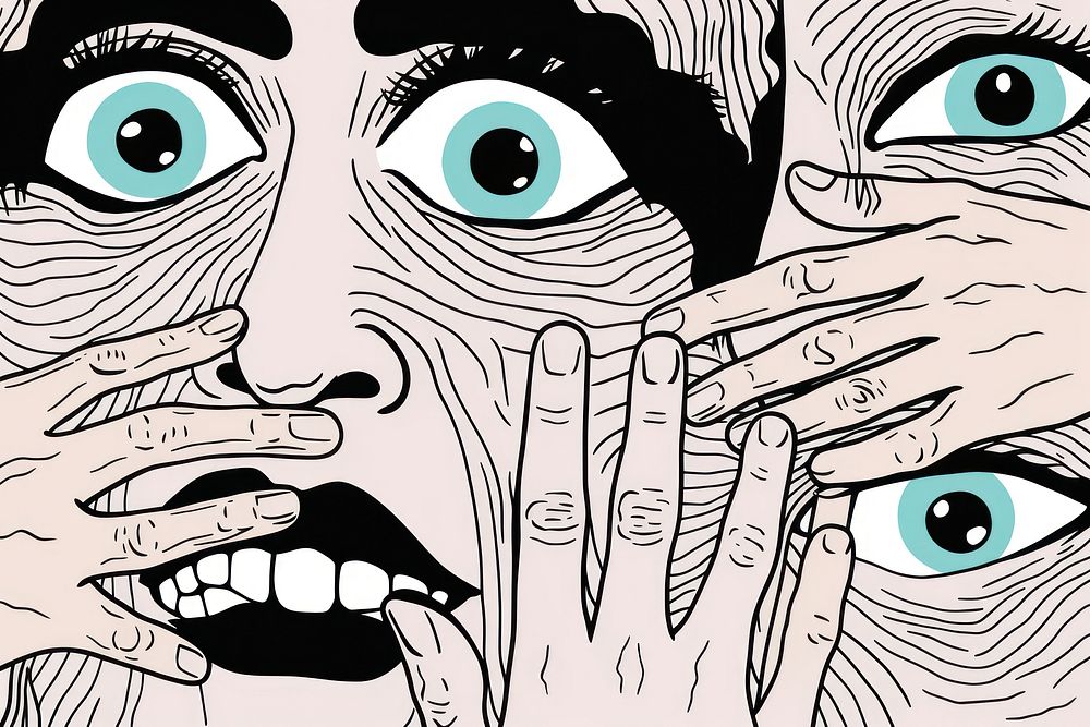 Person hands over eyes drawing art illustrated.