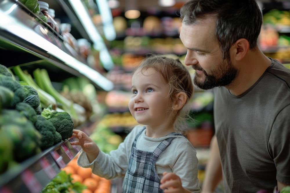 Father with cute little daughter grocery shopping market supermarket photography.