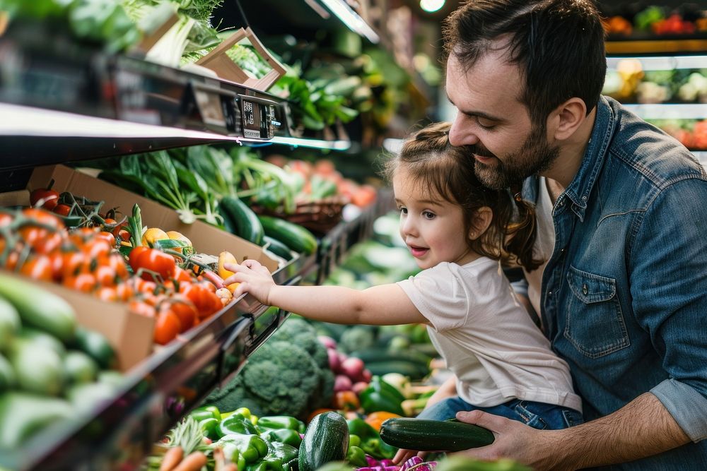 Father with cute little daughter grocery shopping market supermarket vegetable.