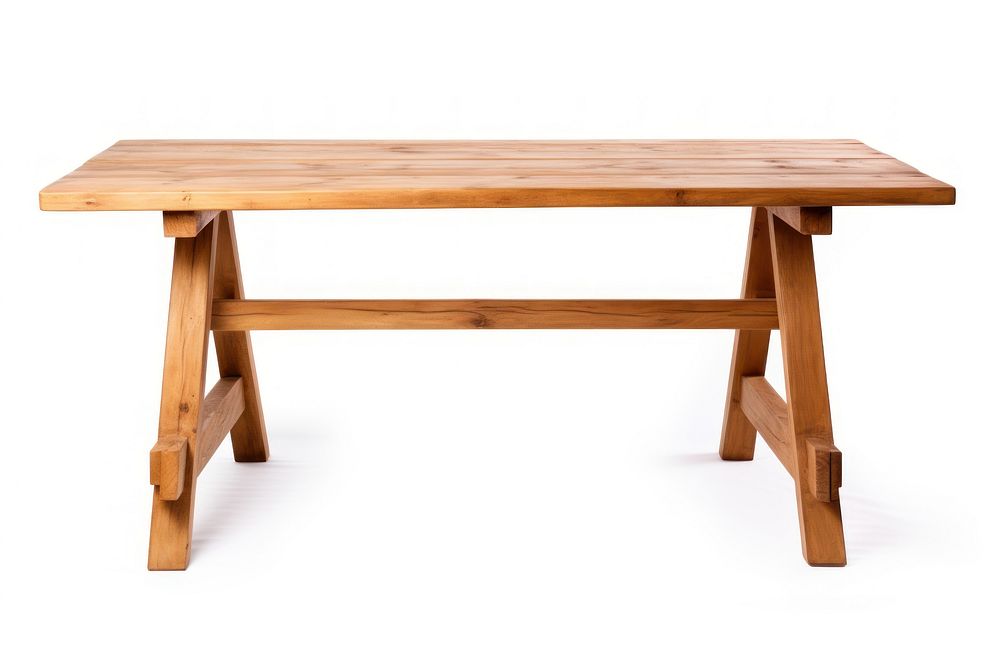 Oak wooden table furniture bench white background.