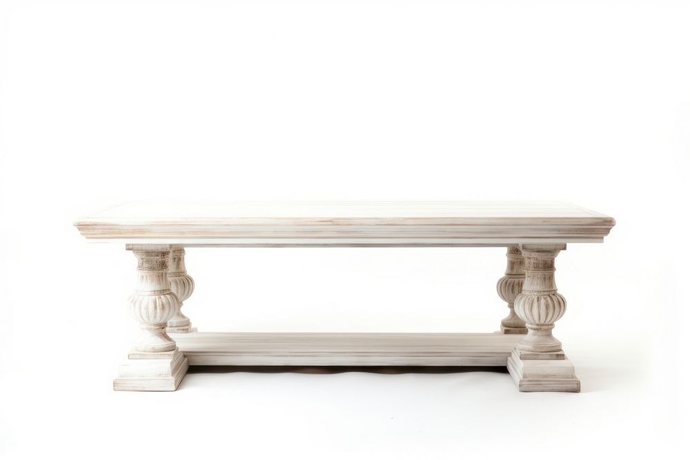 White wooden table furniture bench white background.