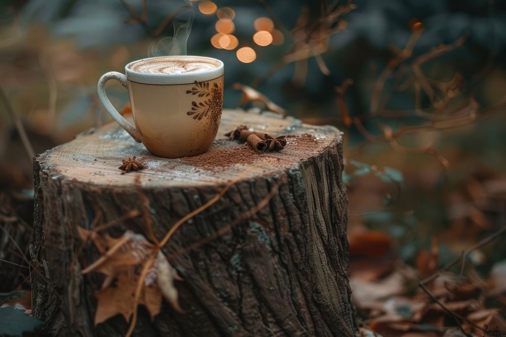 Hot cocoa on tree stump coffee plant drink.
