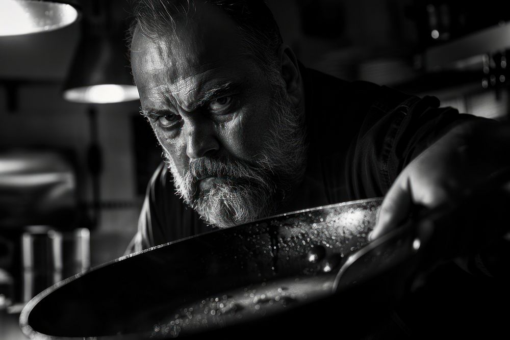 Chubby chef with pan photography cookware portrait.
