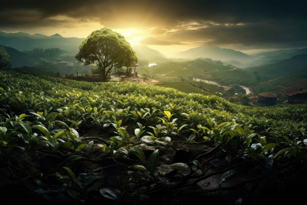 Tea leaves landscape countryside vegetation.