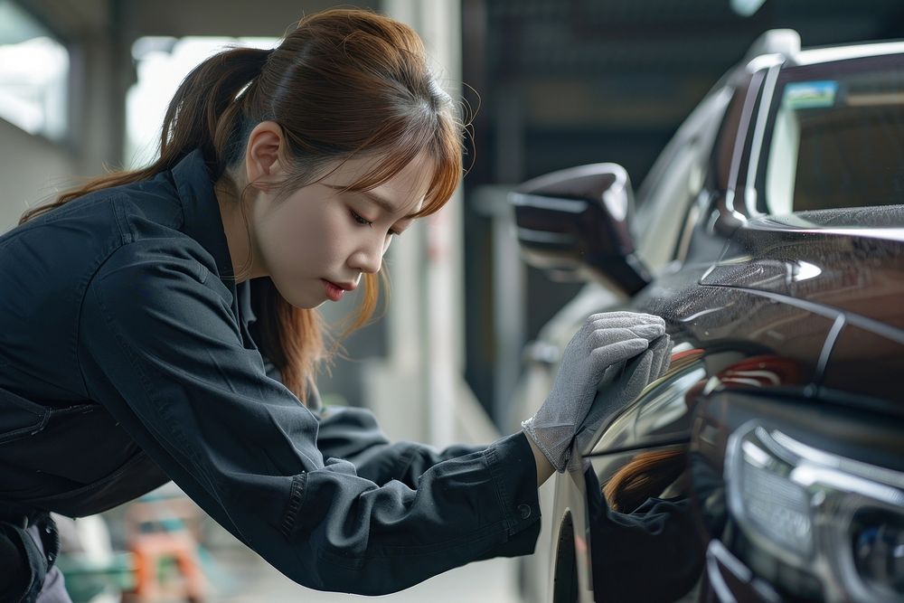 Maintenance female checking automobile vehicle adult.