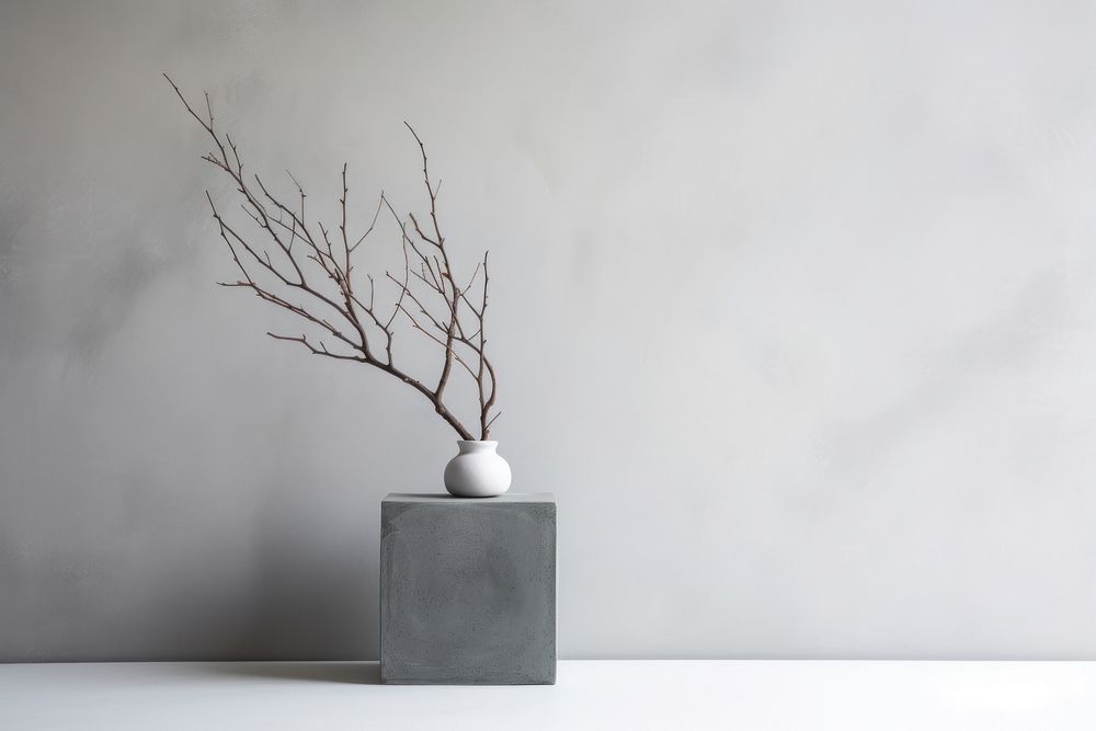 Vase with dry branch stick architecture plant wall.