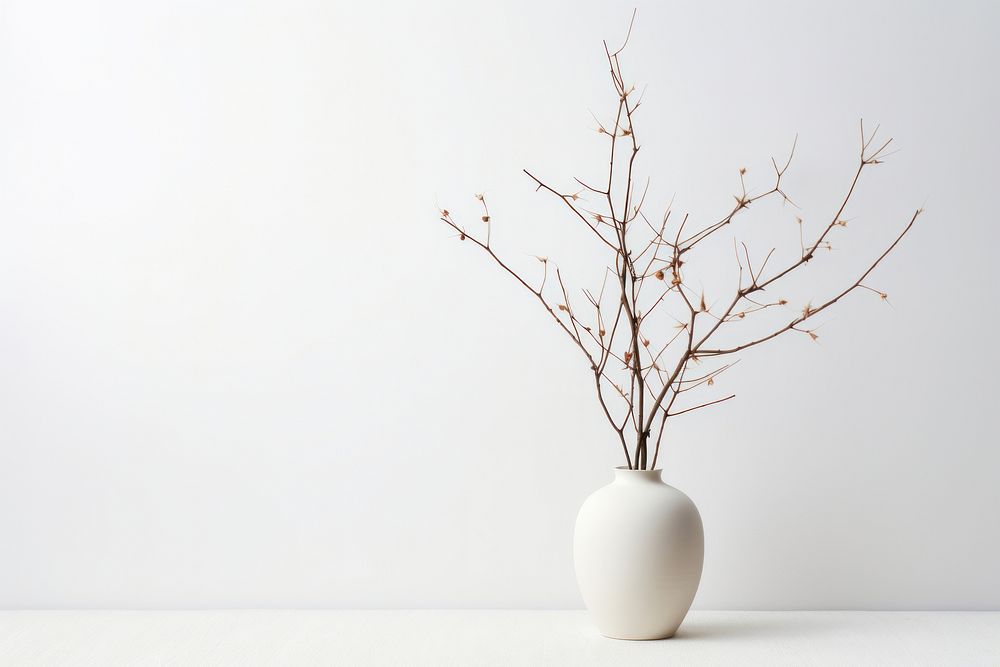 Vase with dry branch stick flower plant white.