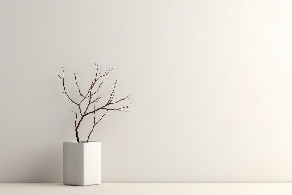 Vase with dry branch stick plant white wall.