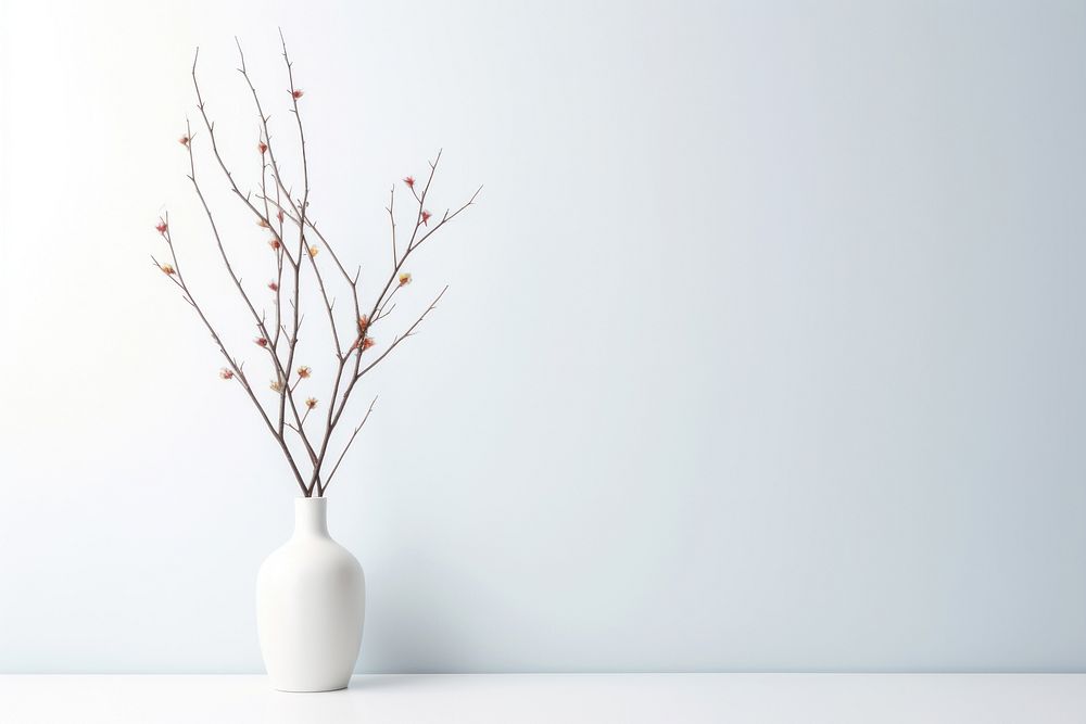 Vase with branch stick flower plant white.