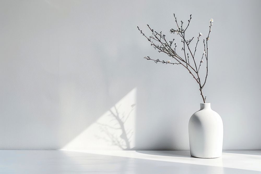 Vase with branch stick plant white wall.