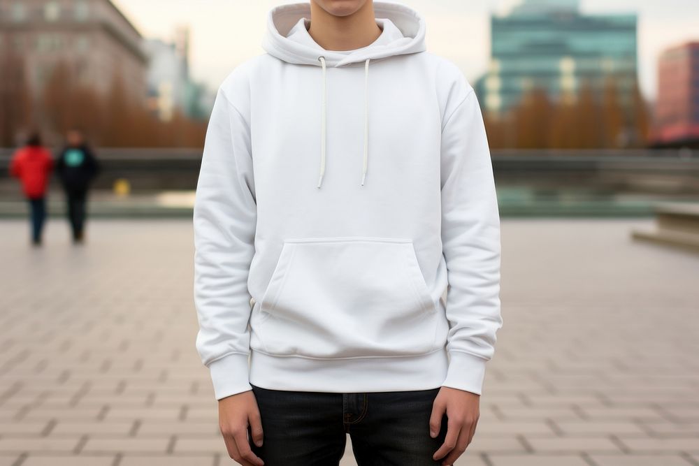 White hoodie mockup sweatshirt outdoors sweater.