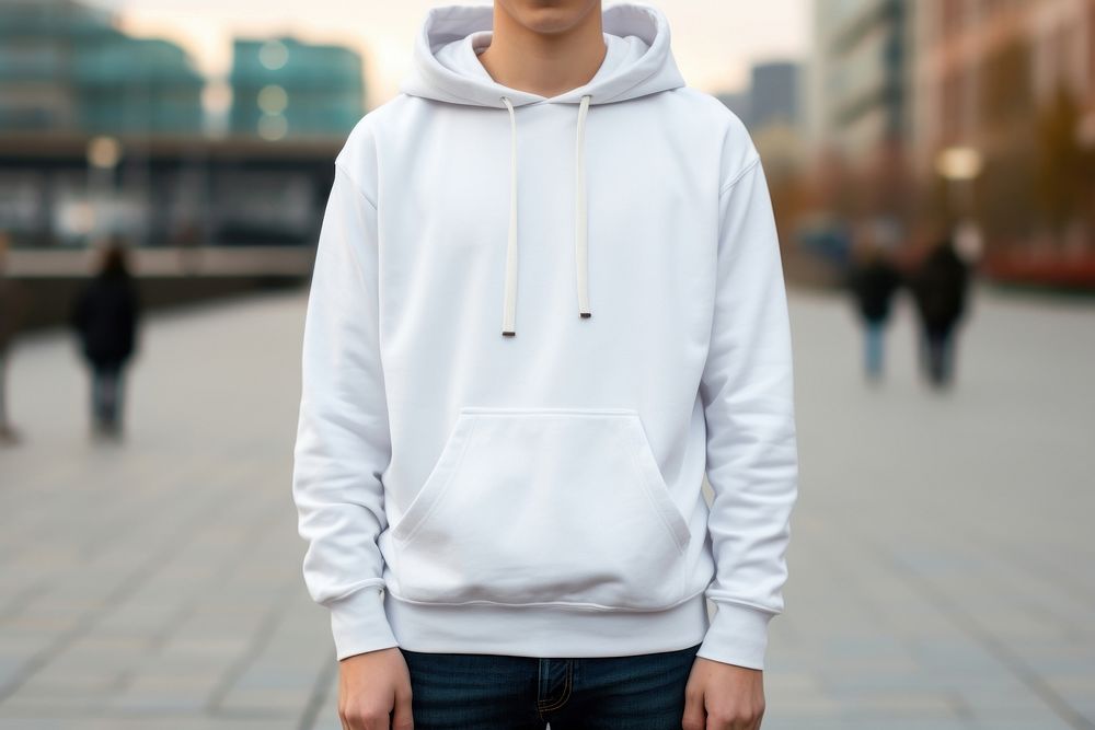 White hoodie mockup sweatshirt outdoors apparel.