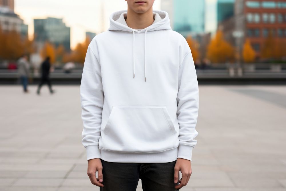 White hoodie mockup sweatshirt outdoors sweater.