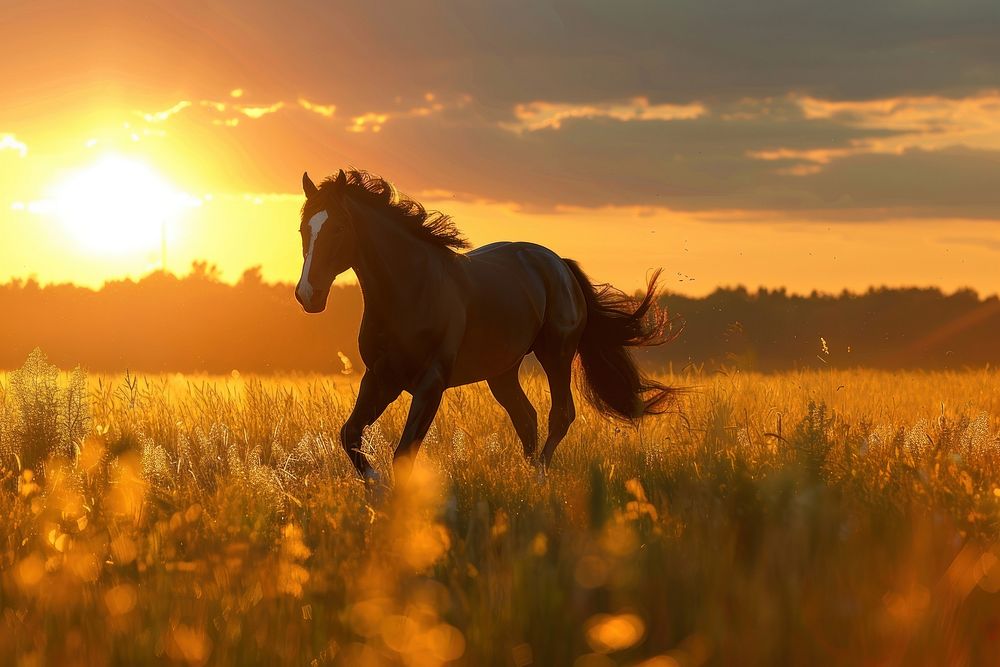 Stallion runs sunlight outdoors nature.