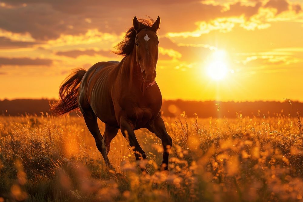 Stallion runs outdoors sunset mammal.