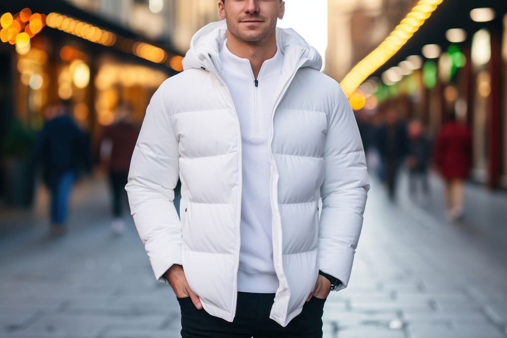 White down jacket mockup sweatshirt outdoors apparel.