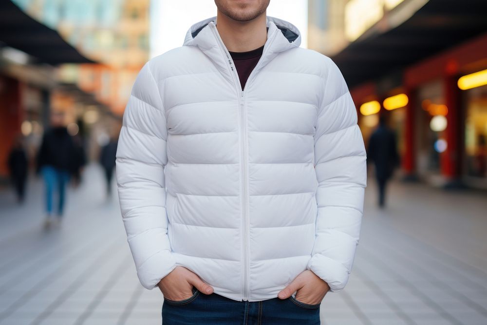 White down jacket mockup sweatshirt outdoors apparel.