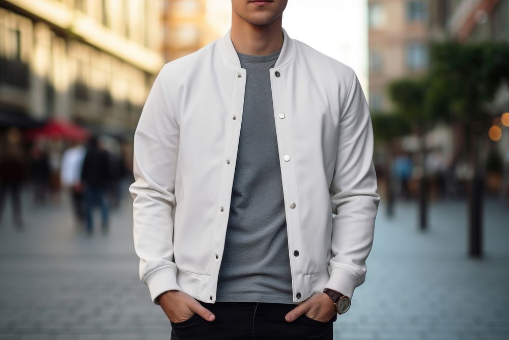 White jersey jacket mockup outdoors apparel street.
