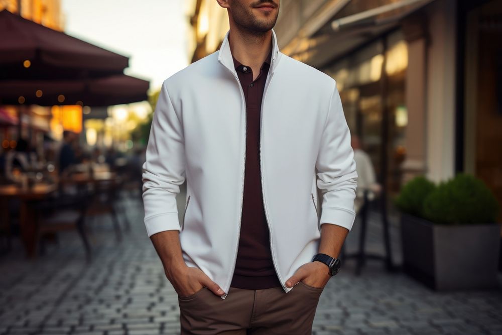 White jersey jacket mockup outdoors apparel sleeve.