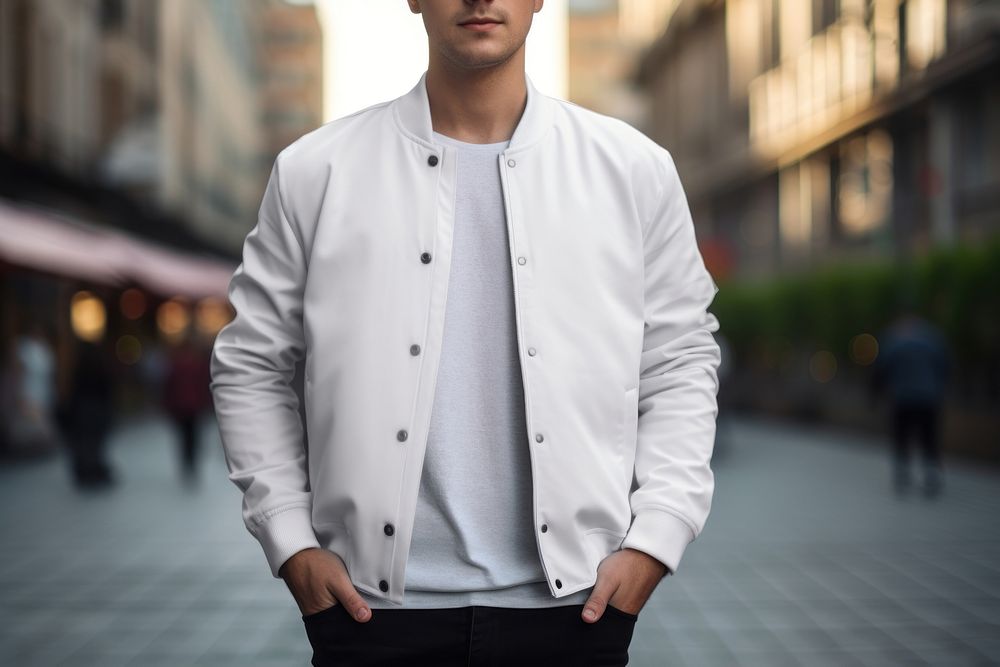 White jersey jacket mockup outdoors apparel sleeve.