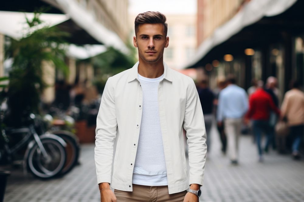 White jersey jacket mockup outdoors street adult.