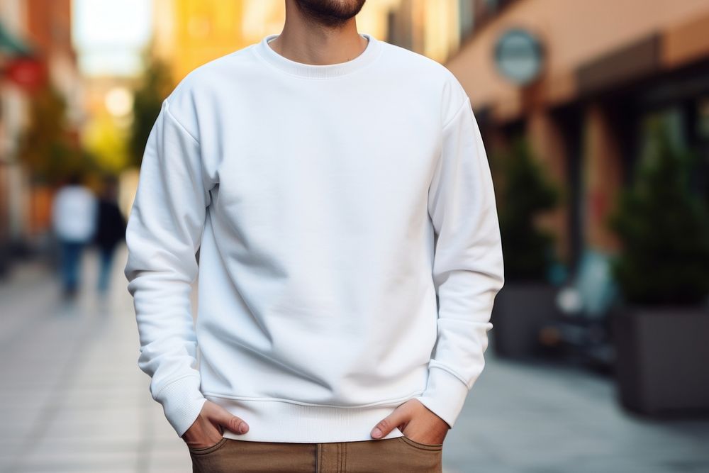 White sweater mockup sweatshirt outdoors apparel.