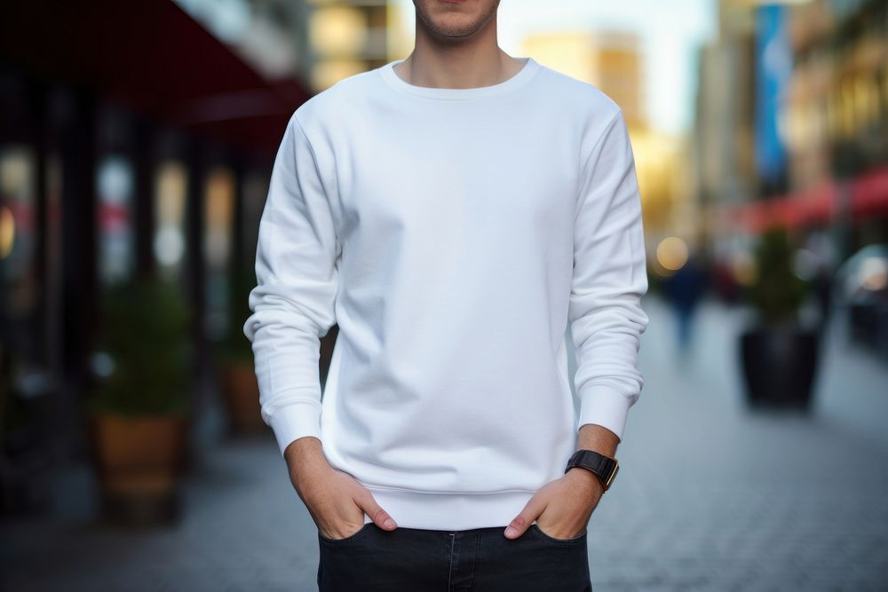 White sweater mockup shirt sweatshirt outdoors.