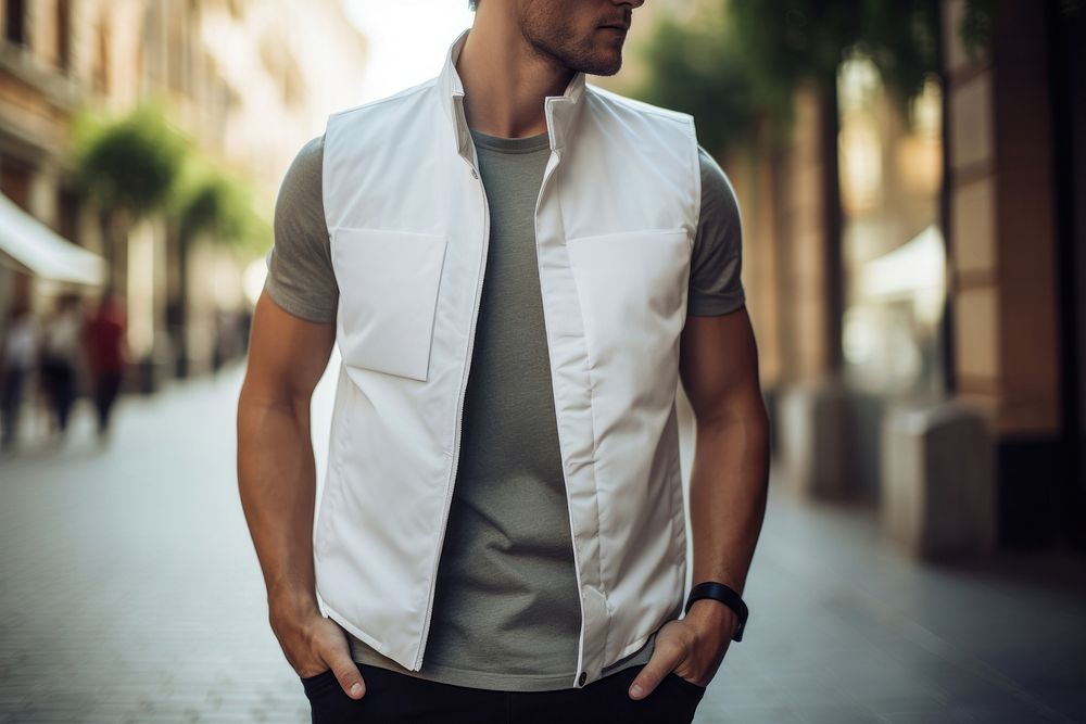 White vest jacket mockup outdoors apparel shirt.