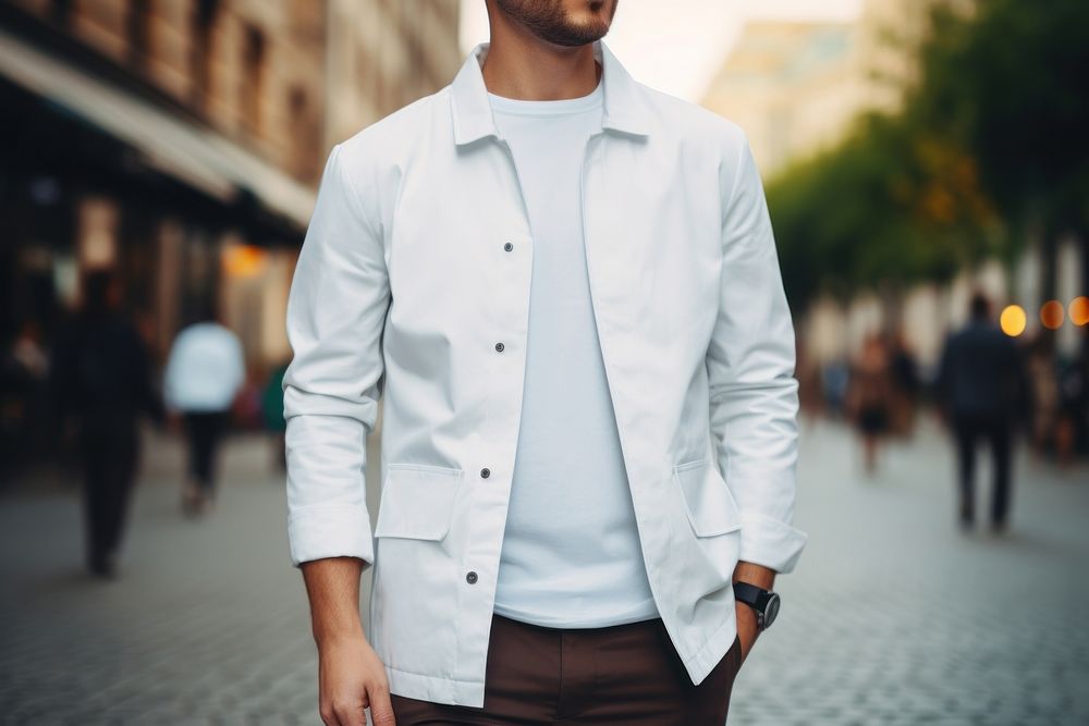 White work jacket mockup outdoors apparel sleeve.