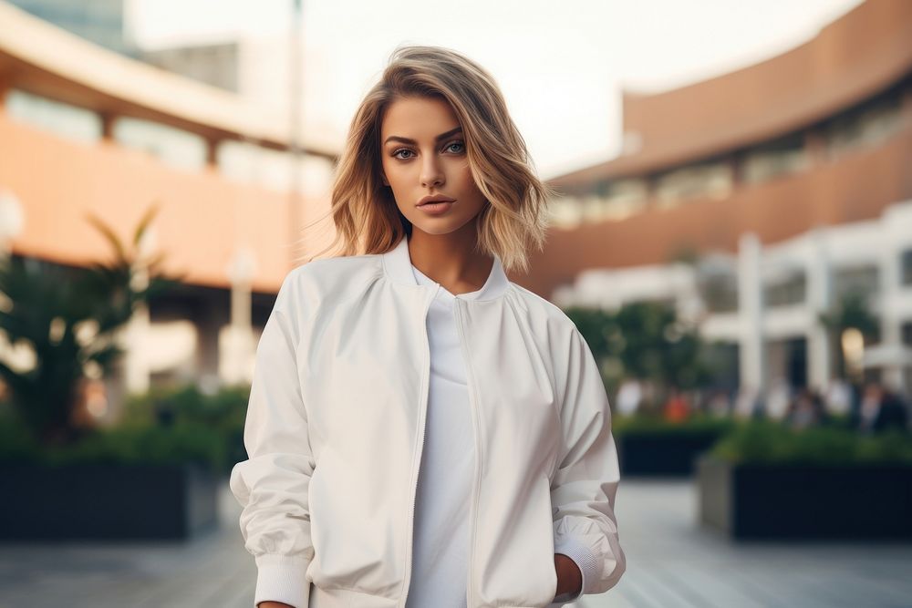 White jersey jacket mockup portrait outdoors blouse.