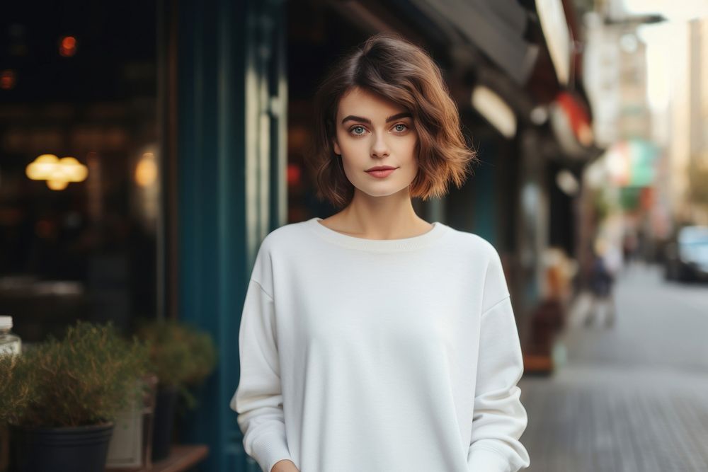 White sweater mockup portrait outdoors sleeve.