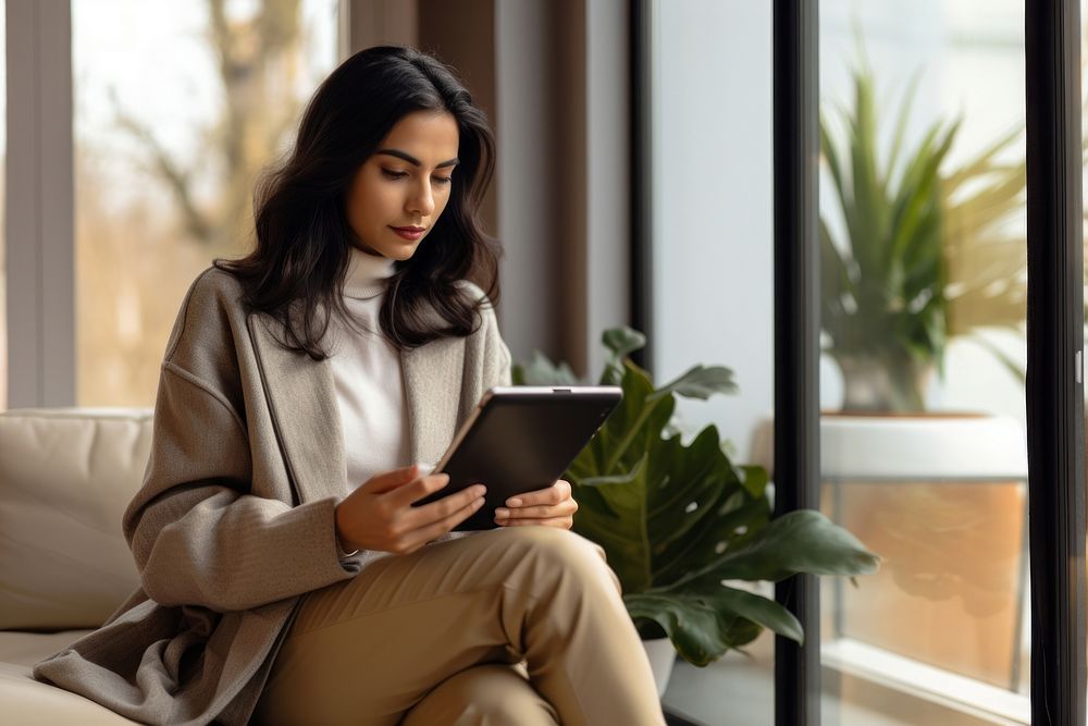 Attractive young british indian sitting computer adult.