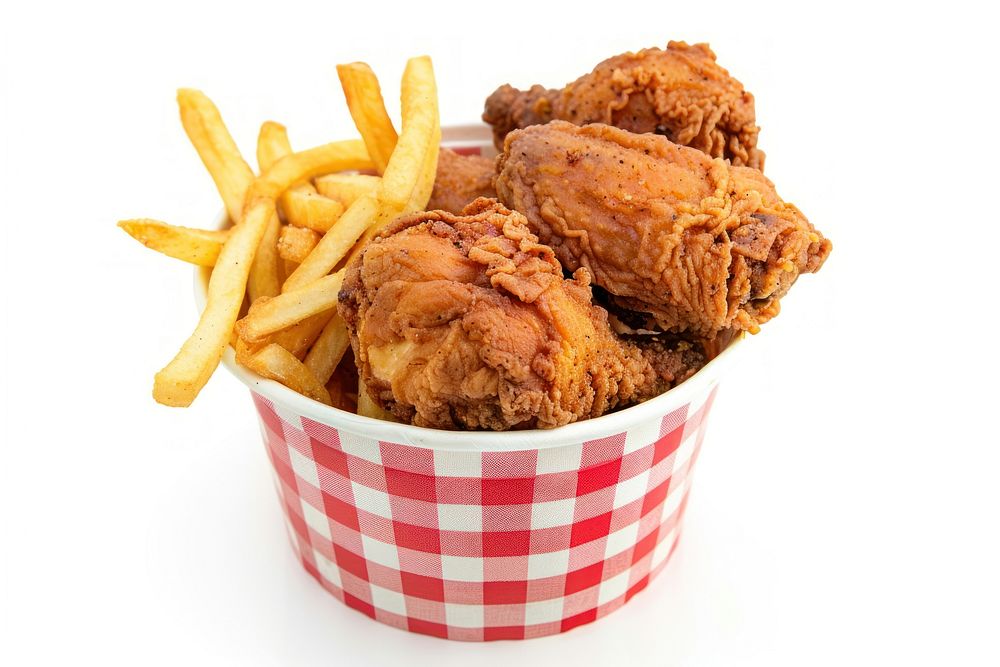 Fried chicken with french fried meat food white background.