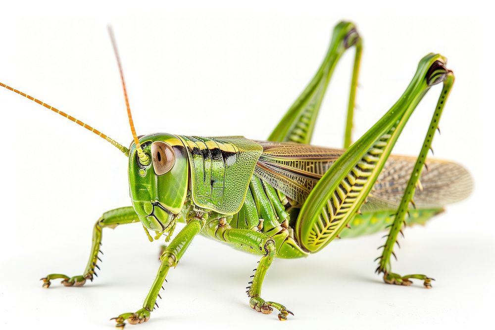 Green grasshopper locust animal insect white background.