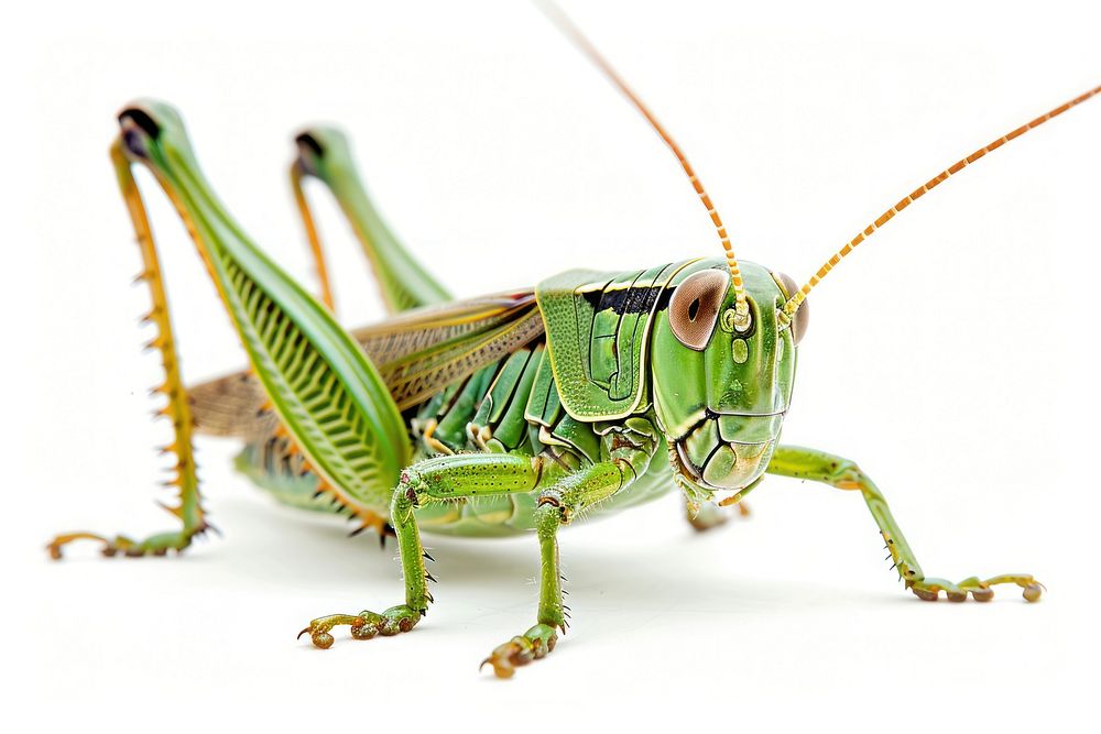 Green grasshopper locust animal insect white background.
