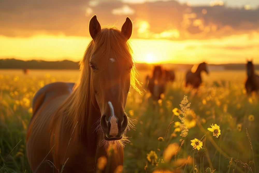 Herd of horses grassland sunlight outdoors.