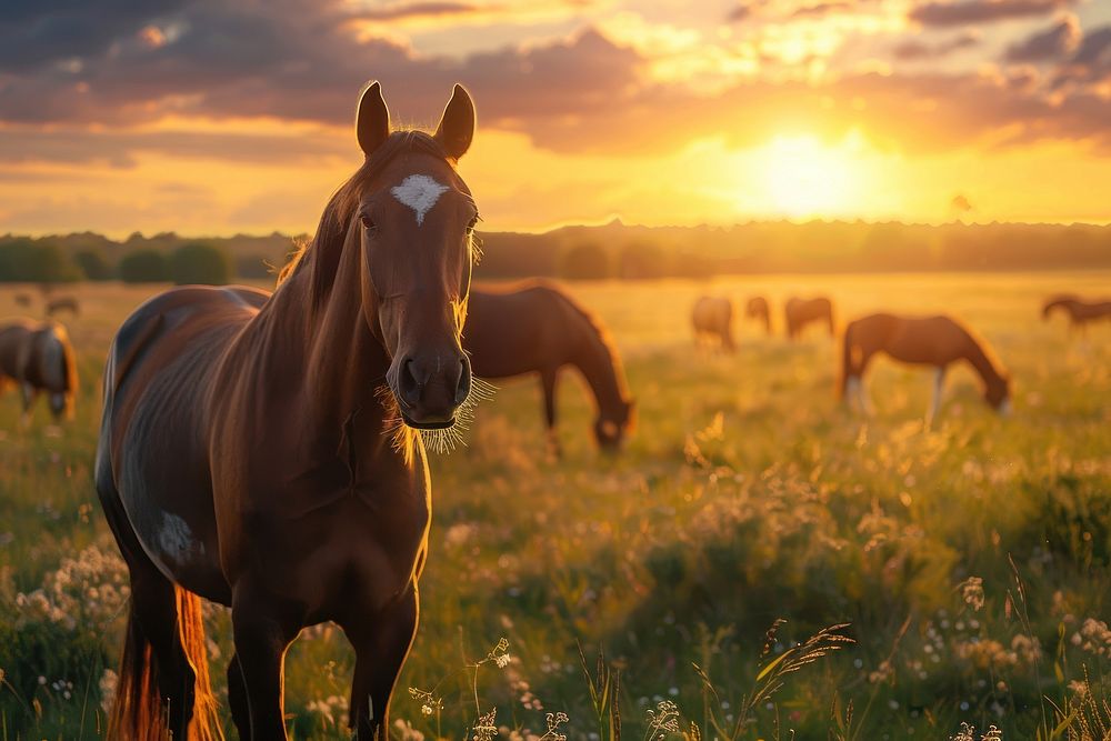 Herd of horses grassland livestock sunlight.