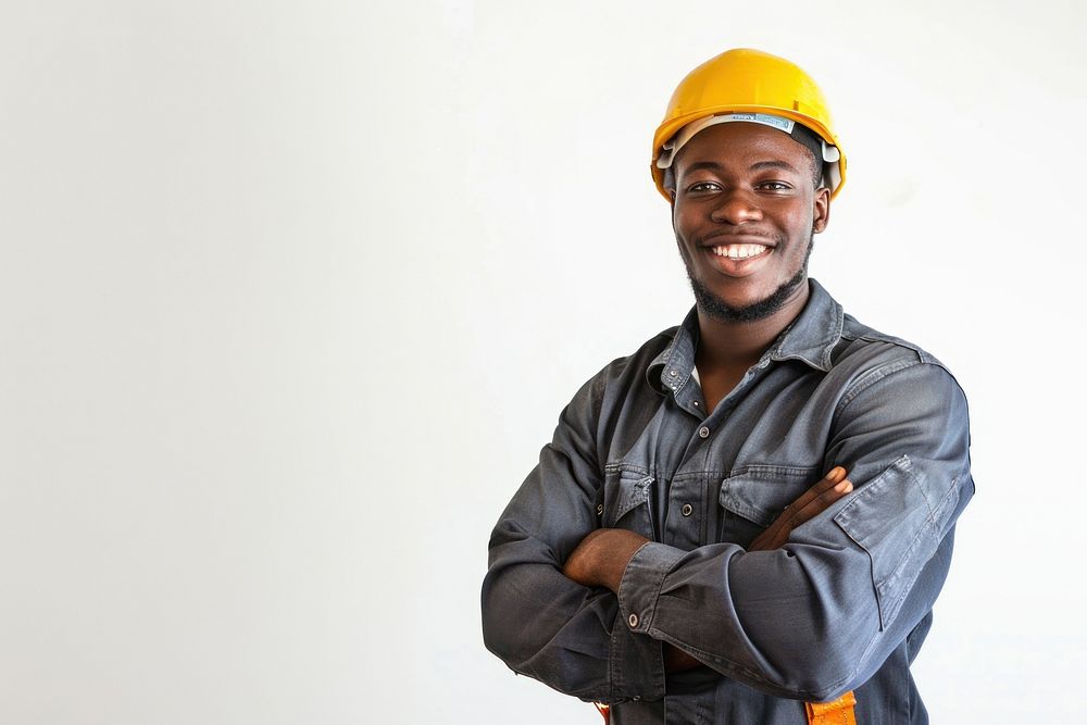 Joyful male african american builder hardhat helmet adult.
