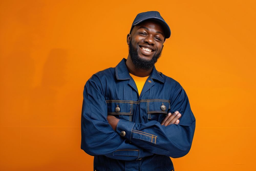 Joyful male african american builder smile adult orange background.