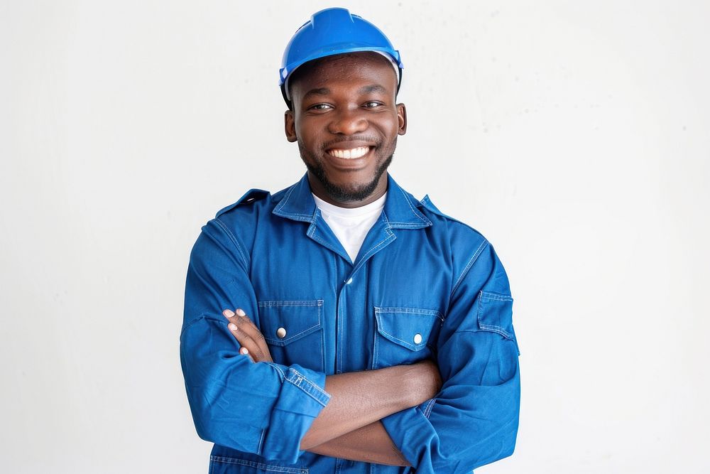 Joyful male african american builder smile portrait adult.