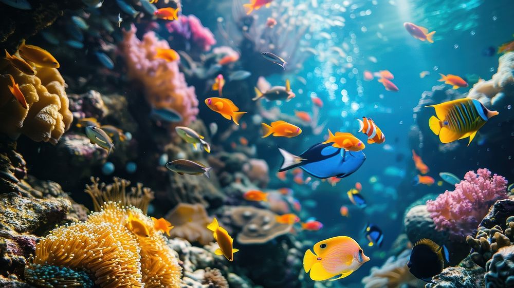 Multi colored fish swim in tropical coral reef underwater aquarium outdoors.