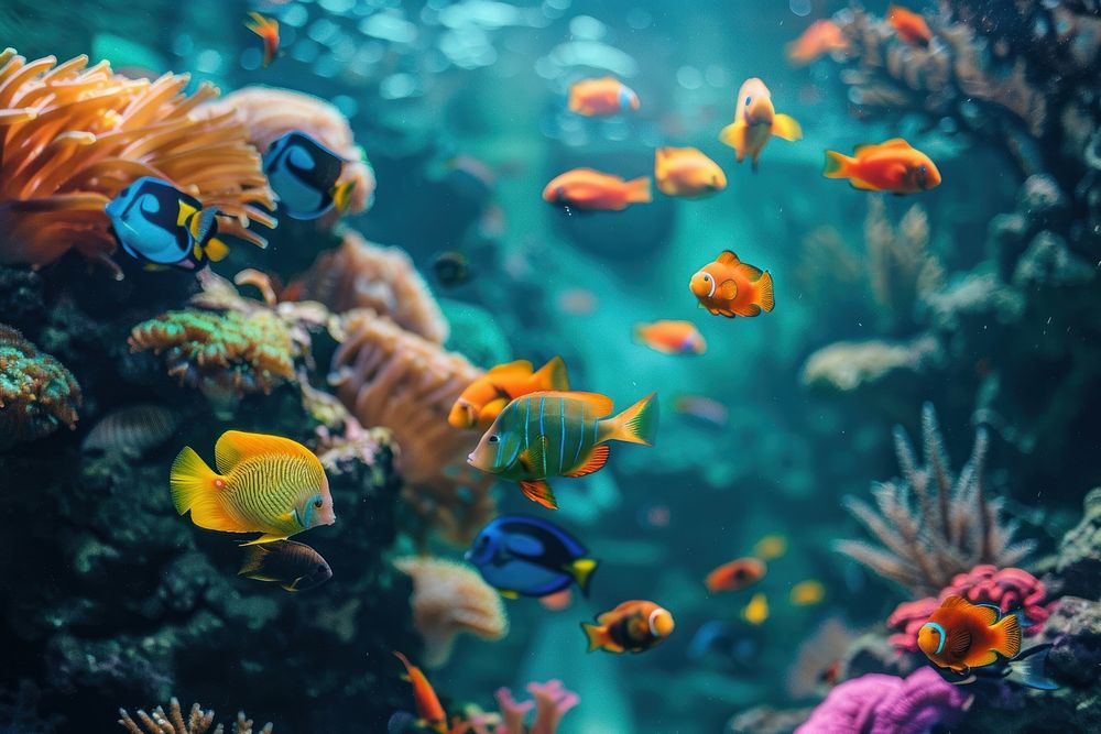 Multi colored fish swim in tropical coral reef aquarium outdoors animal.