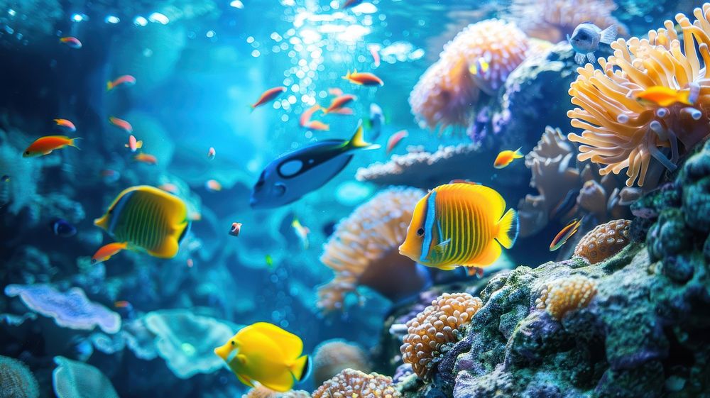 Multi colored fish swim in tropical coral reef aquarium outdoors nature.