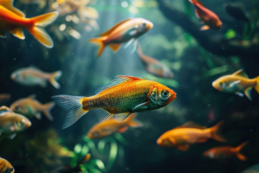 Multi colored fish swim in underwater aquarium animal pomacentridae.
